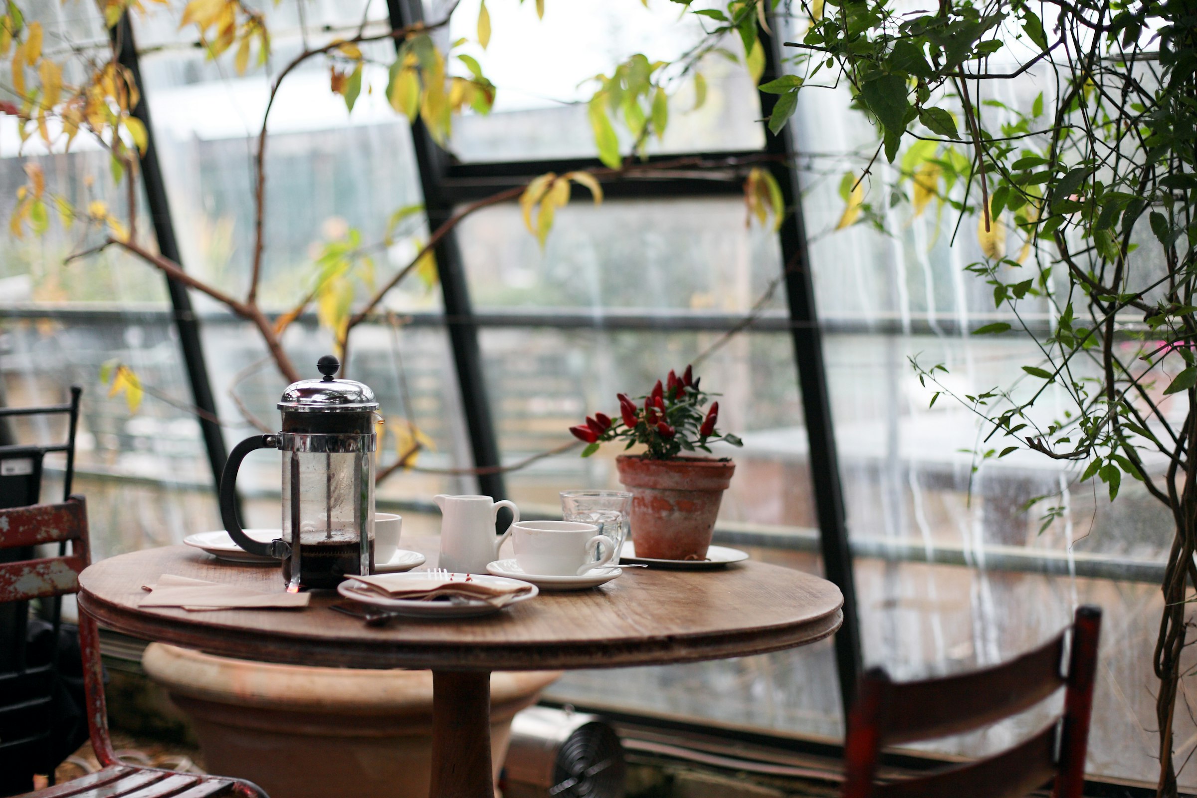A quiet corner table by the window at closing time